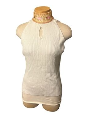 Carina Sleeveless Cream Ribbed Keyhole Top with Embellished Gold Neck Size XL